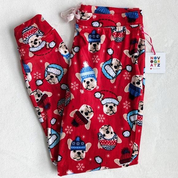 Novogratz Lounge Joggers Frenchie Winter Print Plush Elastic Waist Red M NWT - Picture 1 of 15